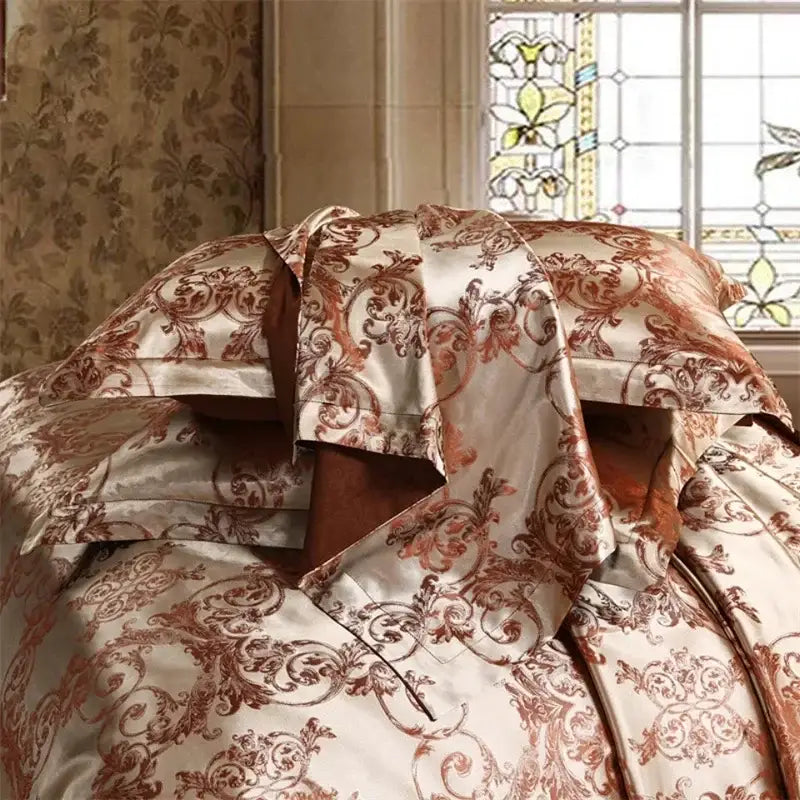Luxurious cream & bronze jacquard satin bedding set bedroom decor