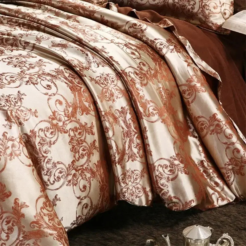 Luxurious cream & bronze jacquard satin bedding set bedroom decor