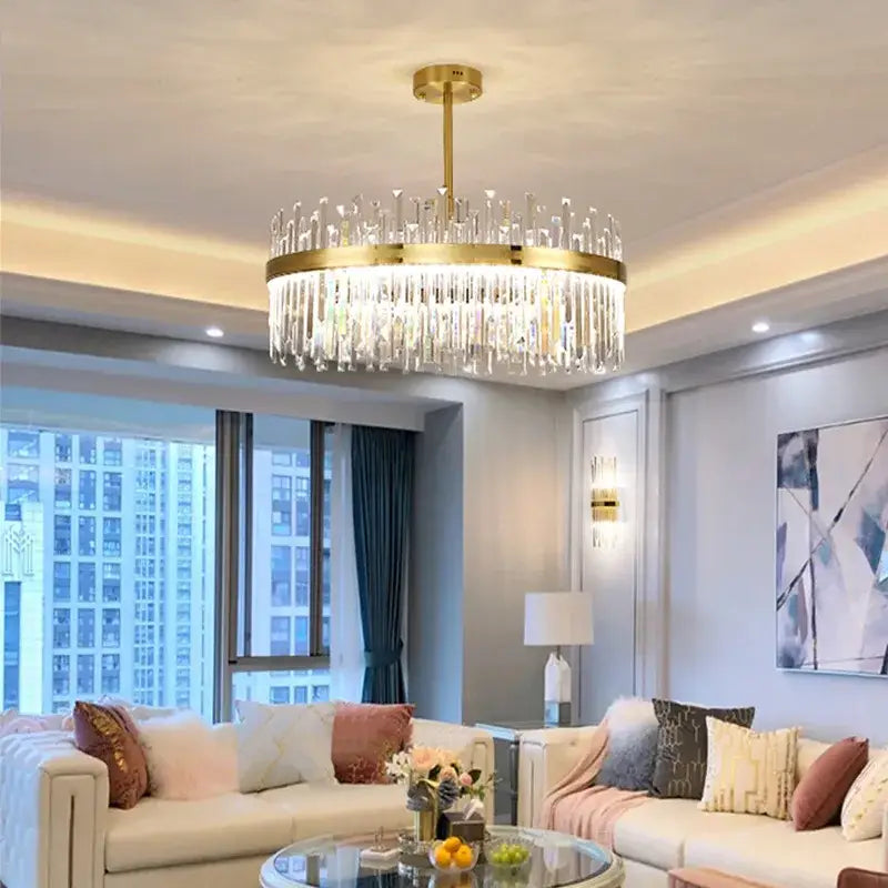 Luxurious gold round crystal pendant light for living room