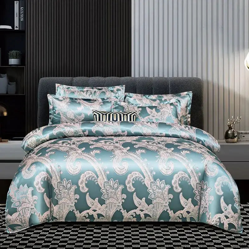 Luxurious gold & teal jacquard satin bedding set bedroom duvet cover