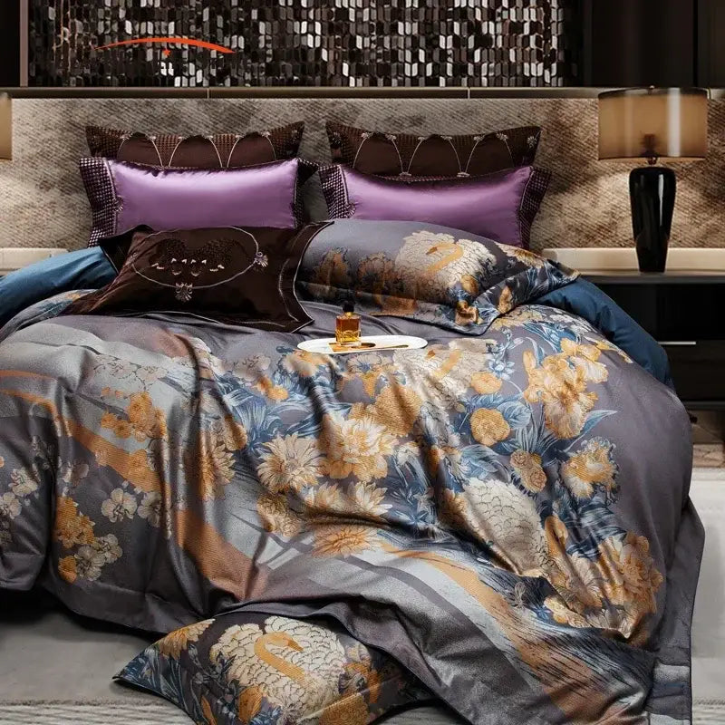 Luxurious gray & gold jacquard egyptian cotton bedding set bedroom