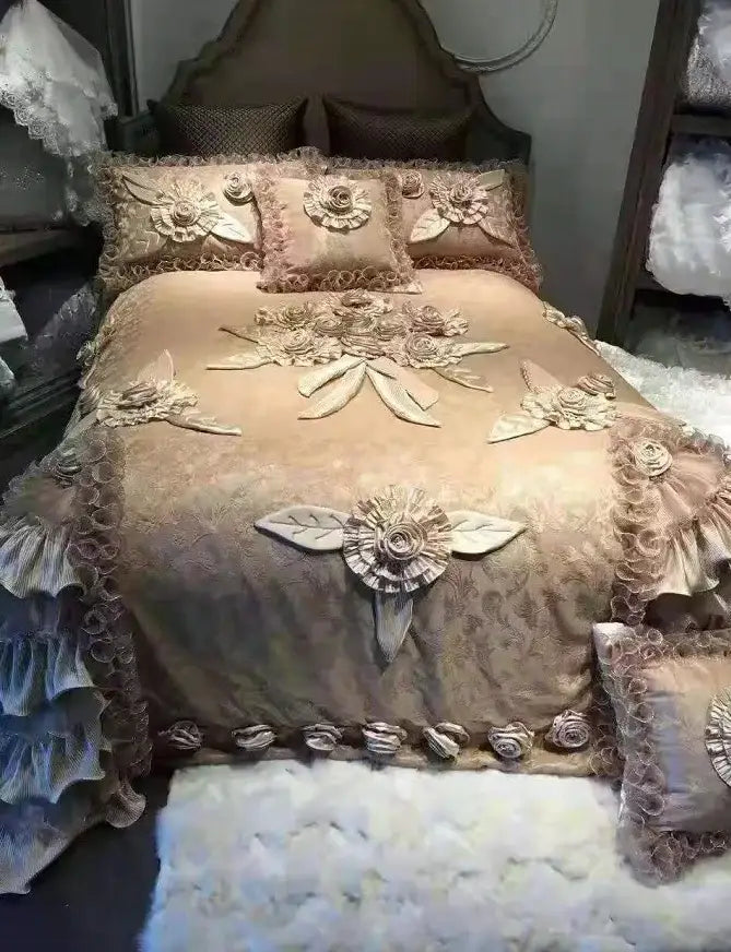 Luxurious red & champagne jacquard rose lace bedding set bedroom