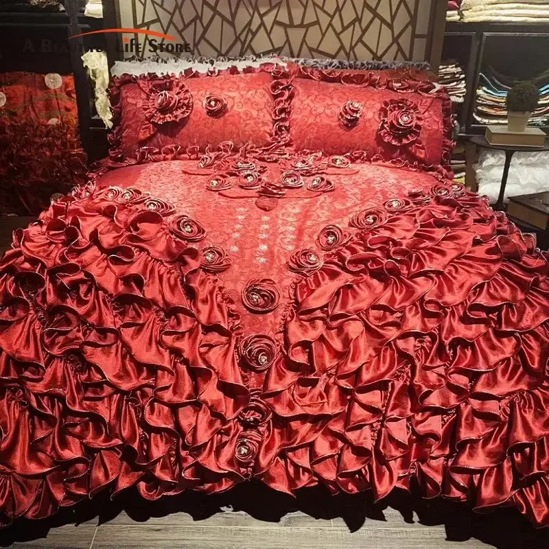 Luxurious red & champagne jacquard rose lace bedding set bedroom
