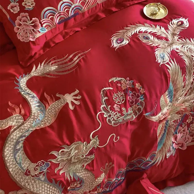Luxurious red gold loong phoenix bedding set bedroom decor