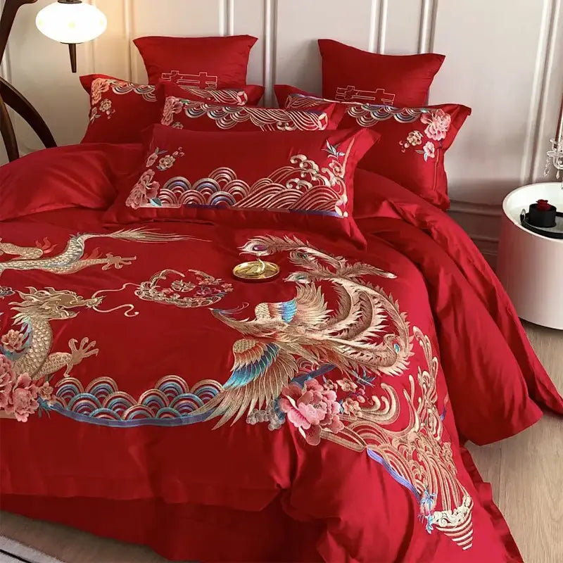 Luxurious red gold loong phoenix bedding set bedroom decor