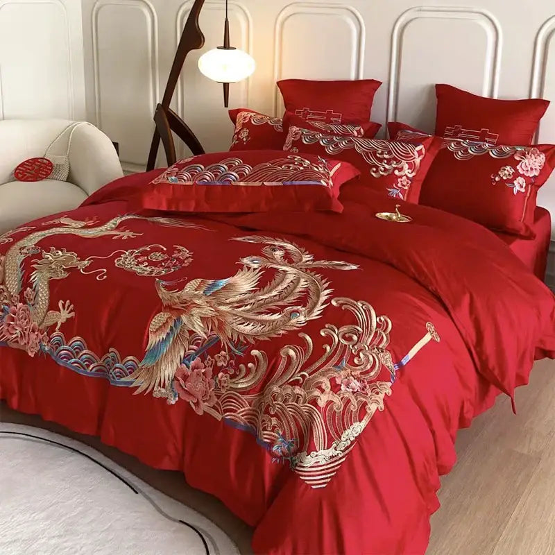 Luxurious red gold loong phoenix bedding set bedroom decor