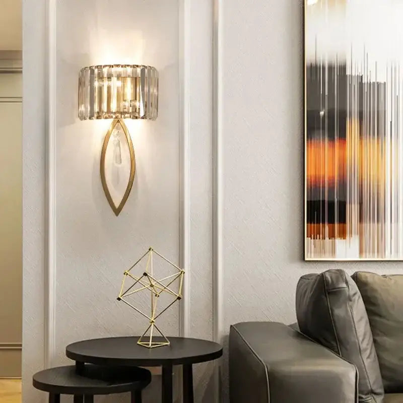 Luxury brass crystal wall lamp for bedroom with ribbed glass accents