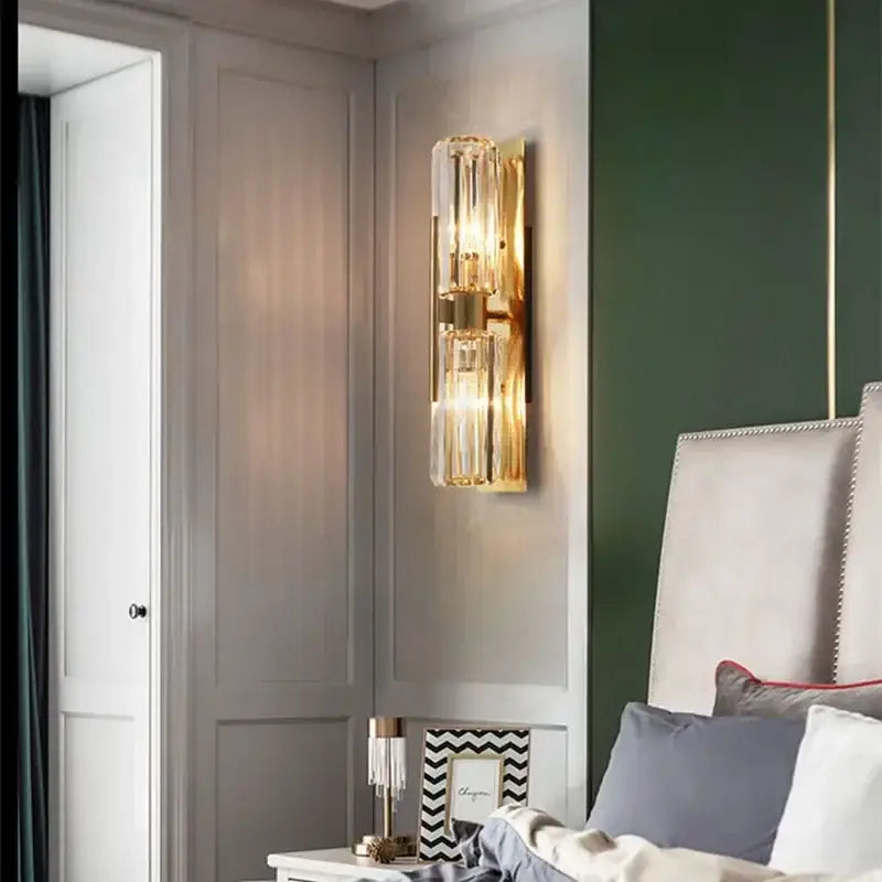 Luxury brass crystal wall lamp for bedroom with ribbed glass accents