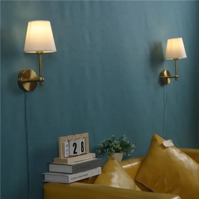 Luxury brass & gold wall lamp bedroom sconce with fabric shade