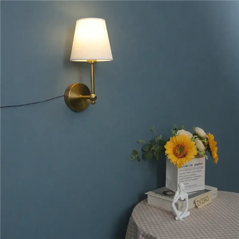 Luxury brass & gold wall lamp bedroom sconce with fabric shade