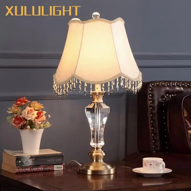 Luxury crystal table lamp with fabric lampshade bedroom light