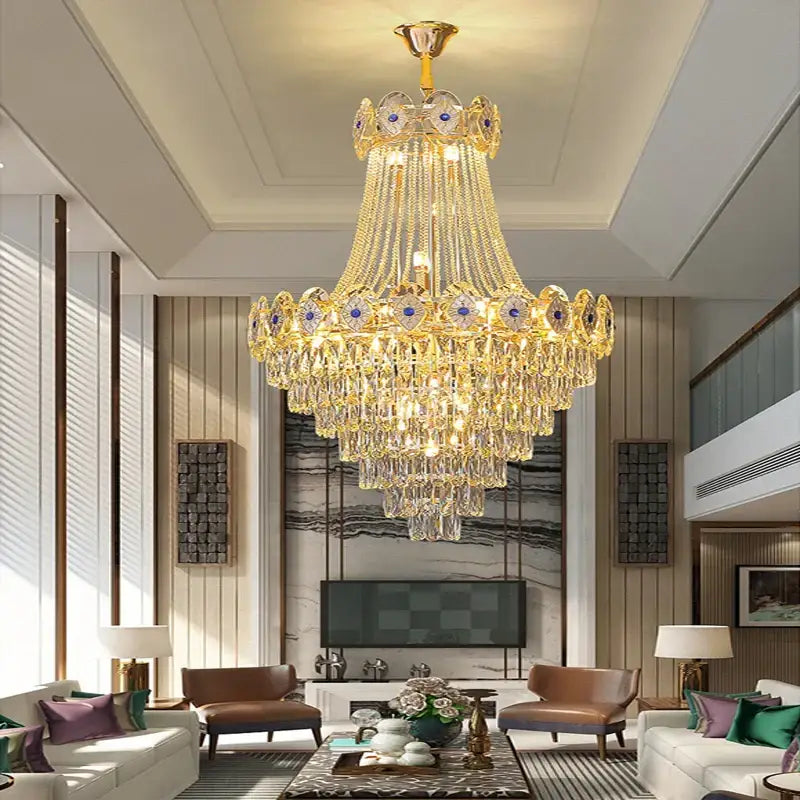 Luxury decorbites gold round chandelier blue crystal stair lights