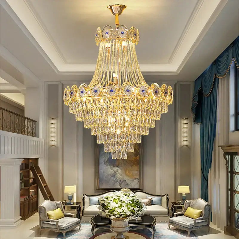 Luxury decorbites gold round chandelier blue crystal stair lights