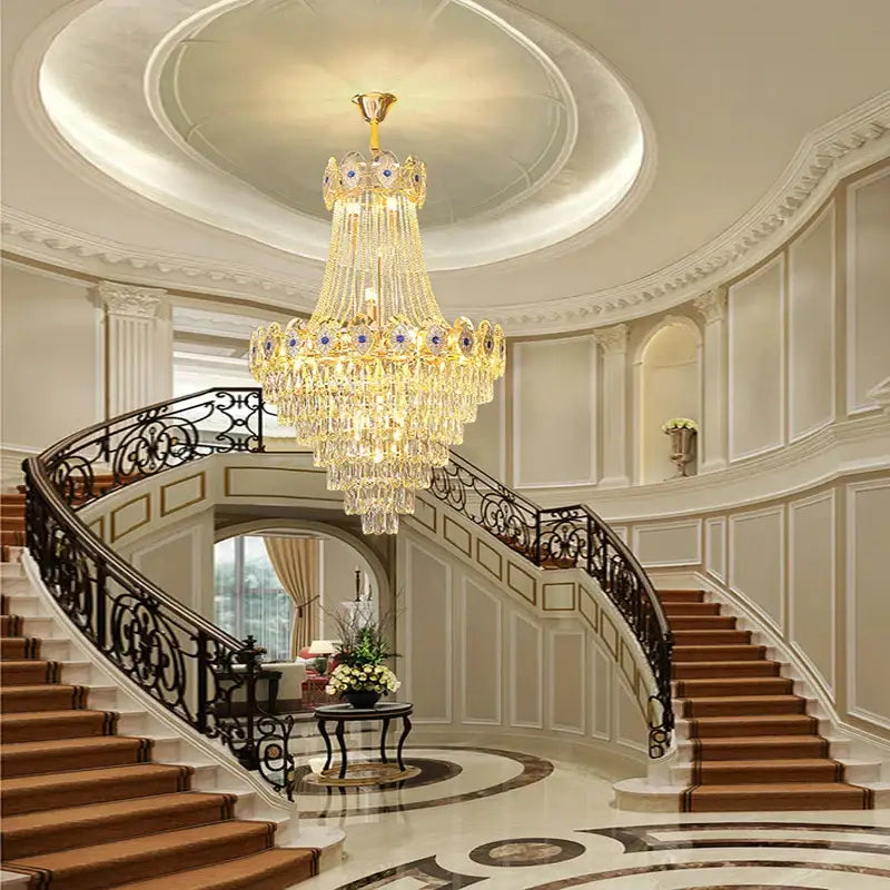 Luxury decorbites gold round chandelier blue crystal stair lights