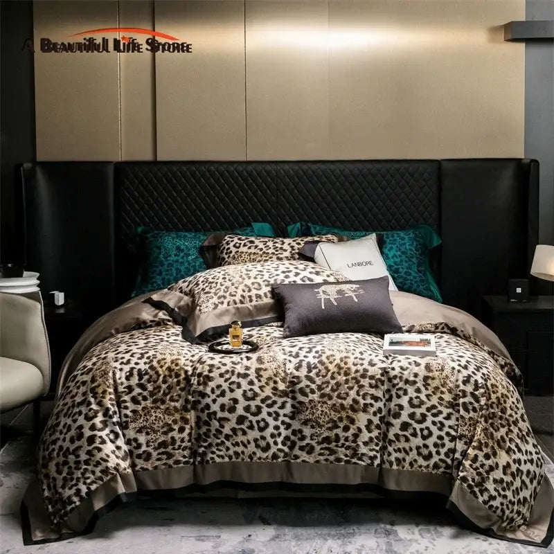 Luxury egyptian cotton leopard print bedding set beige & brown bedroom