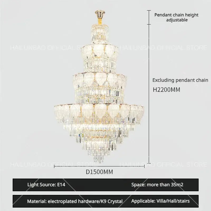 Luxury gold crystal duplex villa chandelier for living room