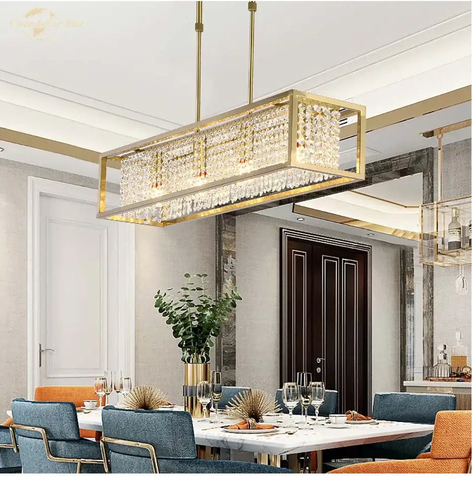 Luxury gold crystal rectangle chandelier dining room light