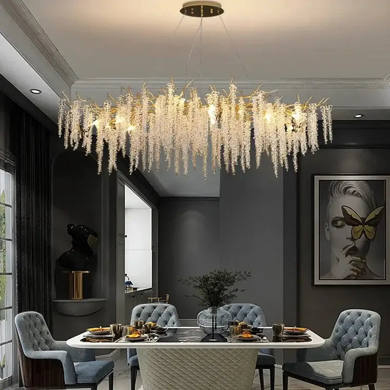Luxury gold crystal tassel chandelier living room tree branch light