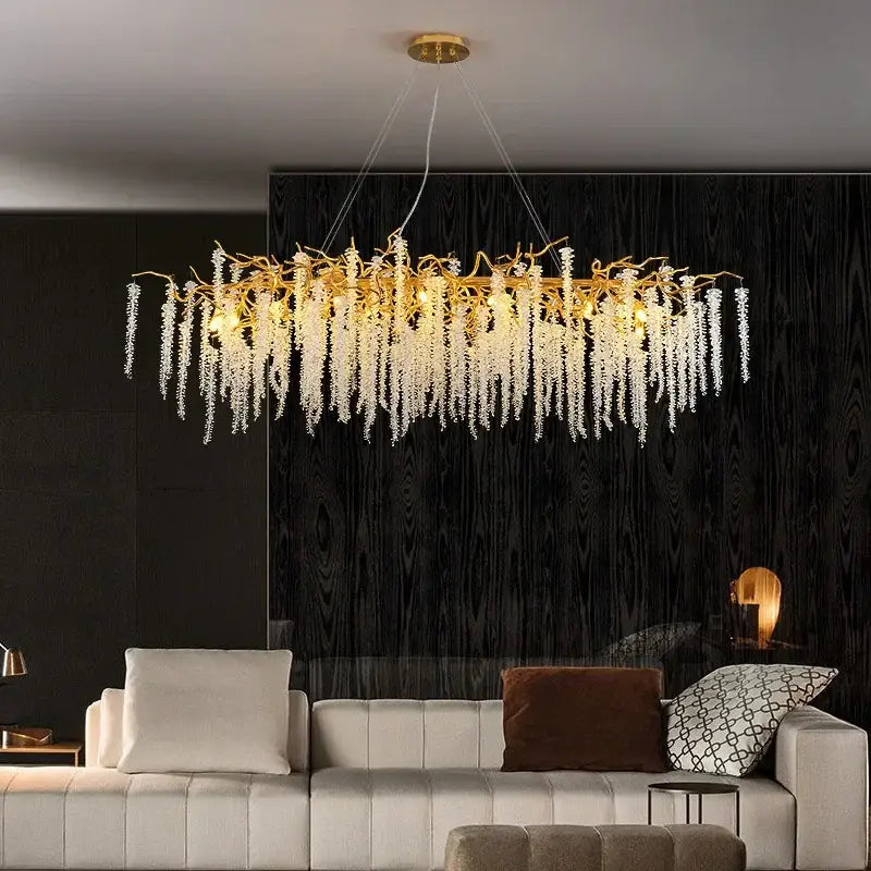 Luxury gold crystal tassel chandelier living room tree branch light