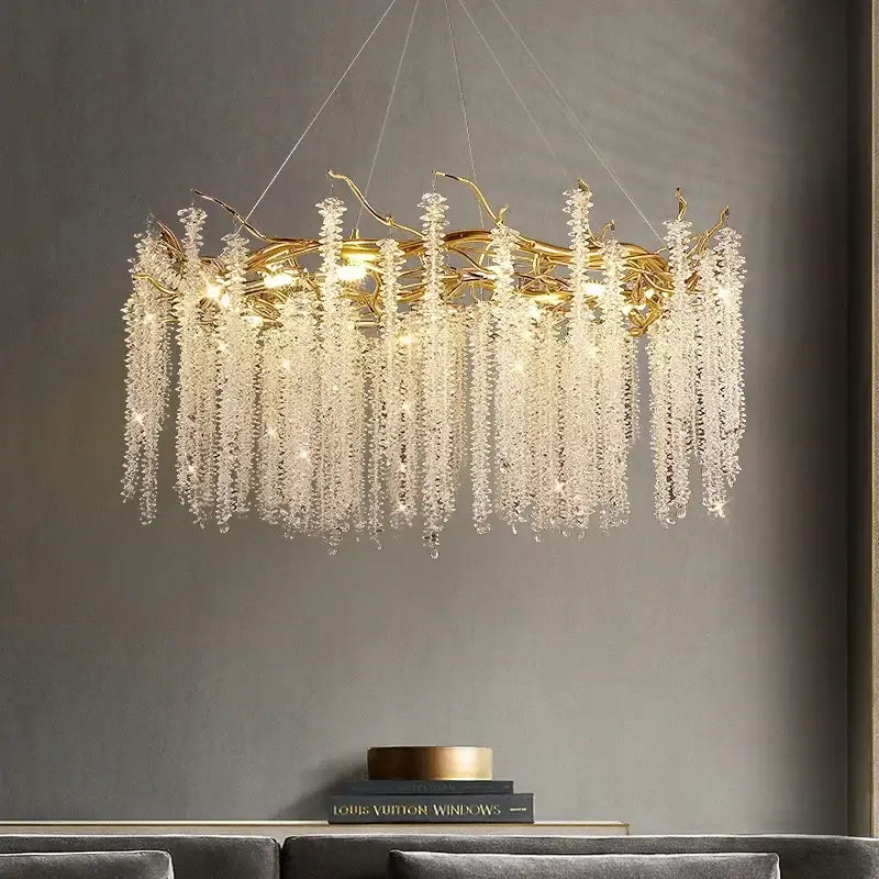 Luxury gold crystal tassel chandelier living room tree branch light
