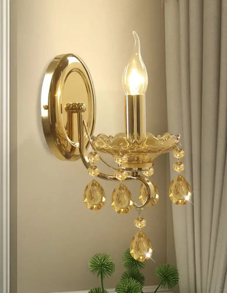 Luxury gold crystal wall sconce amber droplets bedroom light