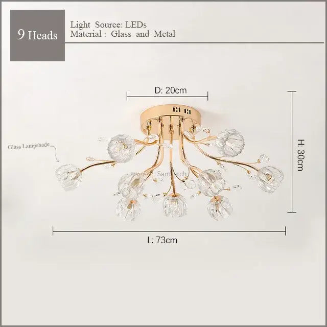 Luxury gold dendritic crystal ceiling lamp for dining room shades