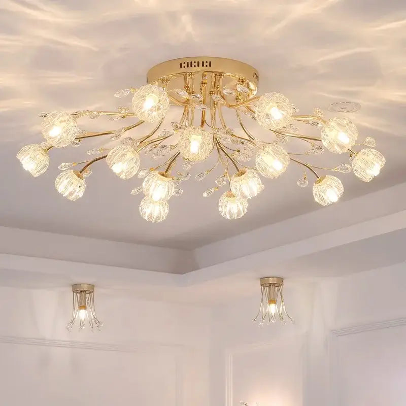 Luxury gold dendritic crystal ceiling lamp for dining room shades
