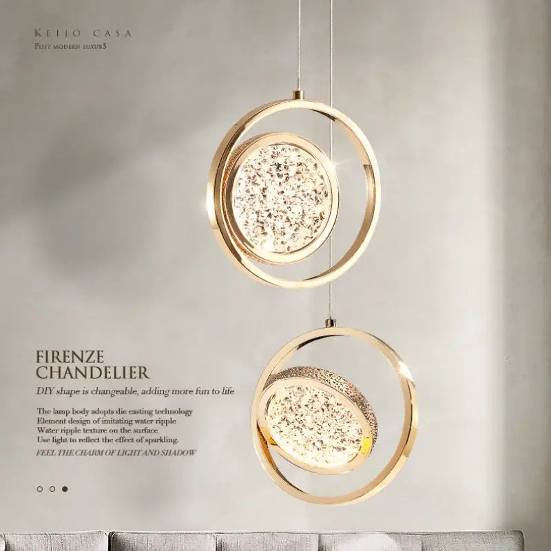 Luxury gold textured crystal ring pendant light for bedroom decor