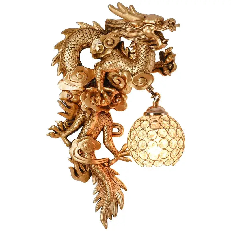 Luxury golden dragon phoenix wall light living room glass sconce