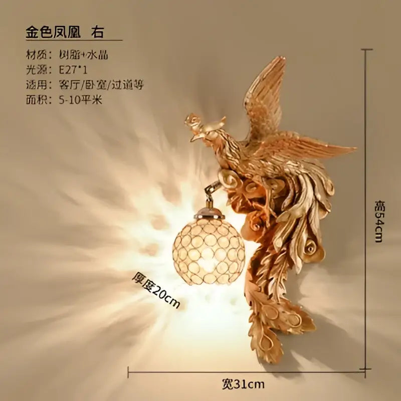 Luxury golden dragon phoenix wall light living room glass sconce