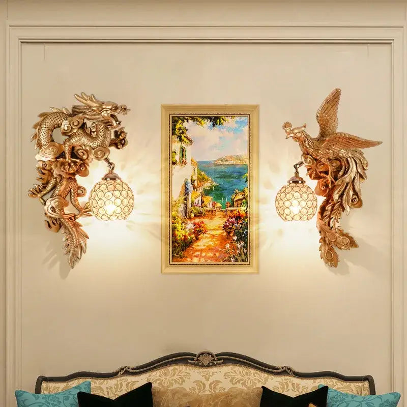Luxury golden dragon phoenix wall light living room glass sconce