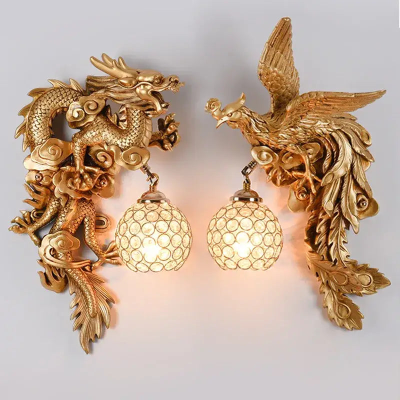 Luxury golden dragon phoenix wall light living room glass sconce