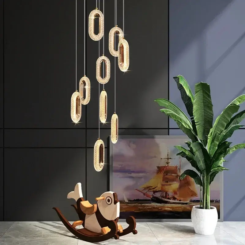 Luxury oval gold decorbites crystal rings chandelier staircase light