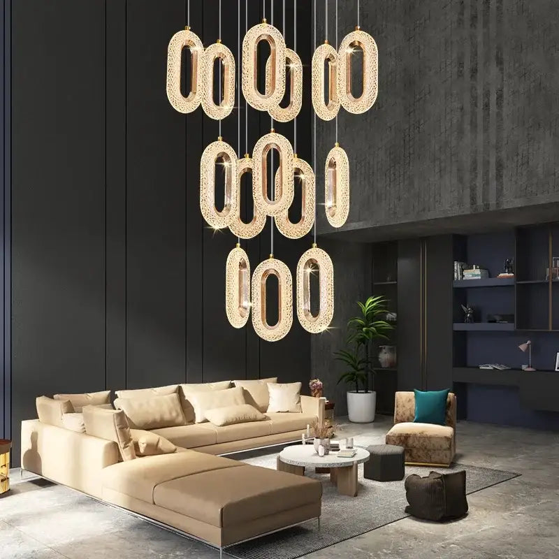 Luxury oval gold decorbites crystal rings chandelier staircase light