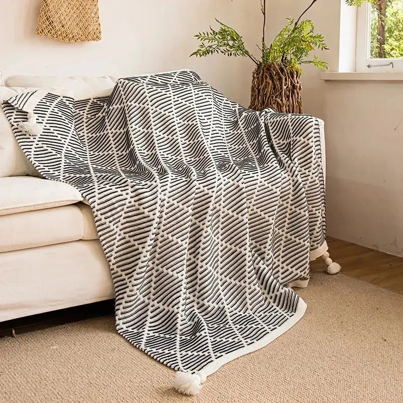 Luxury plaid knit sofa blanket bedroom throw with pom poms