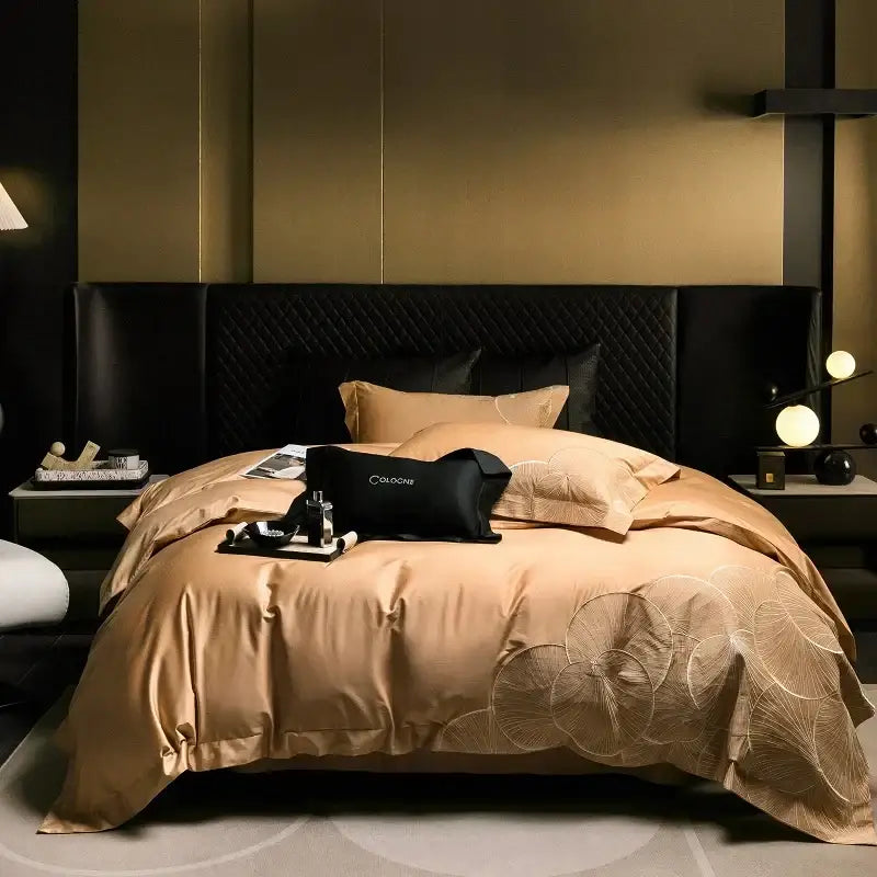 Luxury red & white lotus embroidered cotton bedding set bedroom