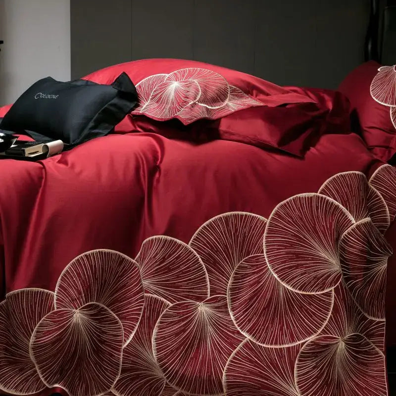 Luxury red & white lotus embroidered cotton bedding set bedroom
