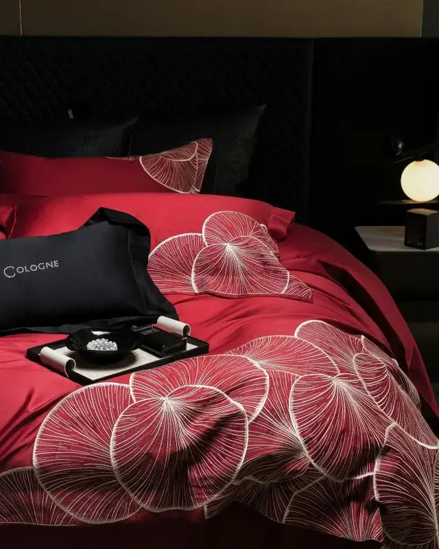 Luxury red & white lotus embroidered cotton bedding set bedroom