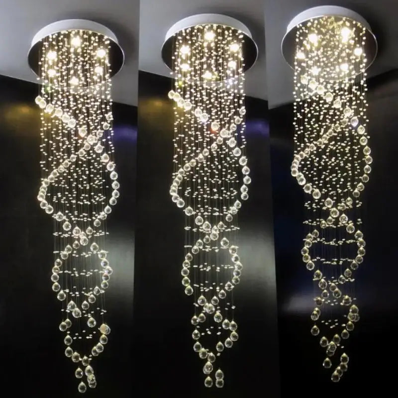 Luxury silver cascading crystal led chandelier staircase pendant light