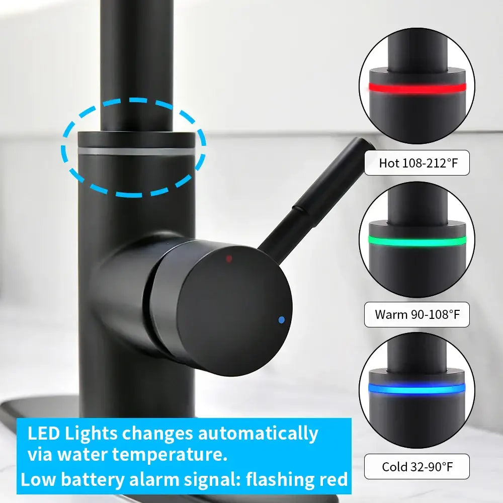 Matte black brass led kitchen faucet with color changing water tap
