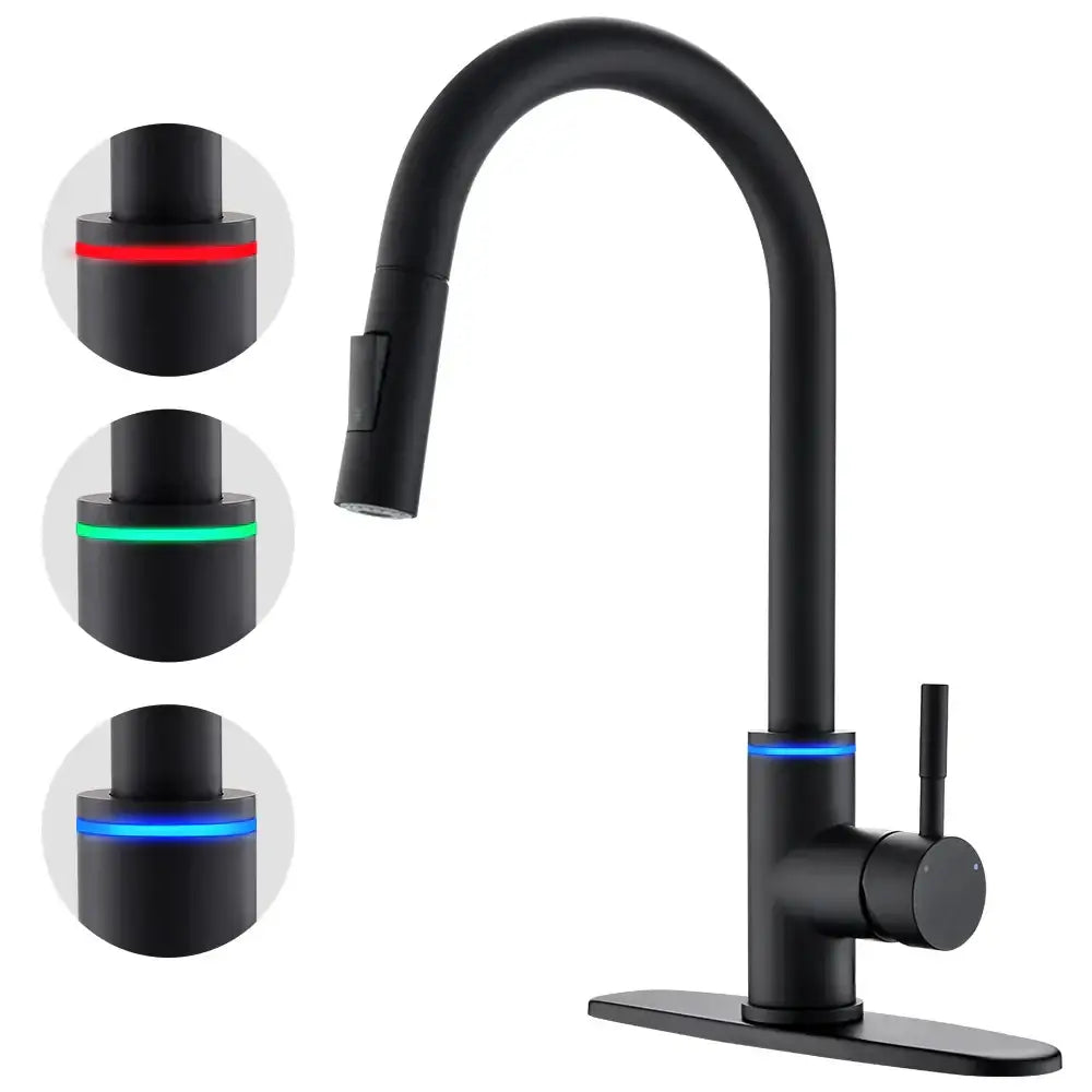 Matte black brass led kitchen faucet with color changing water tap