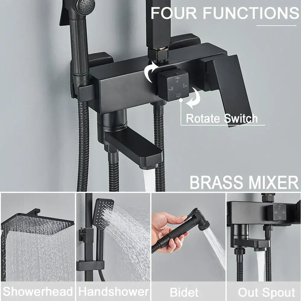Matte black brass shower faucet set with shelf bathroom rainfall tap