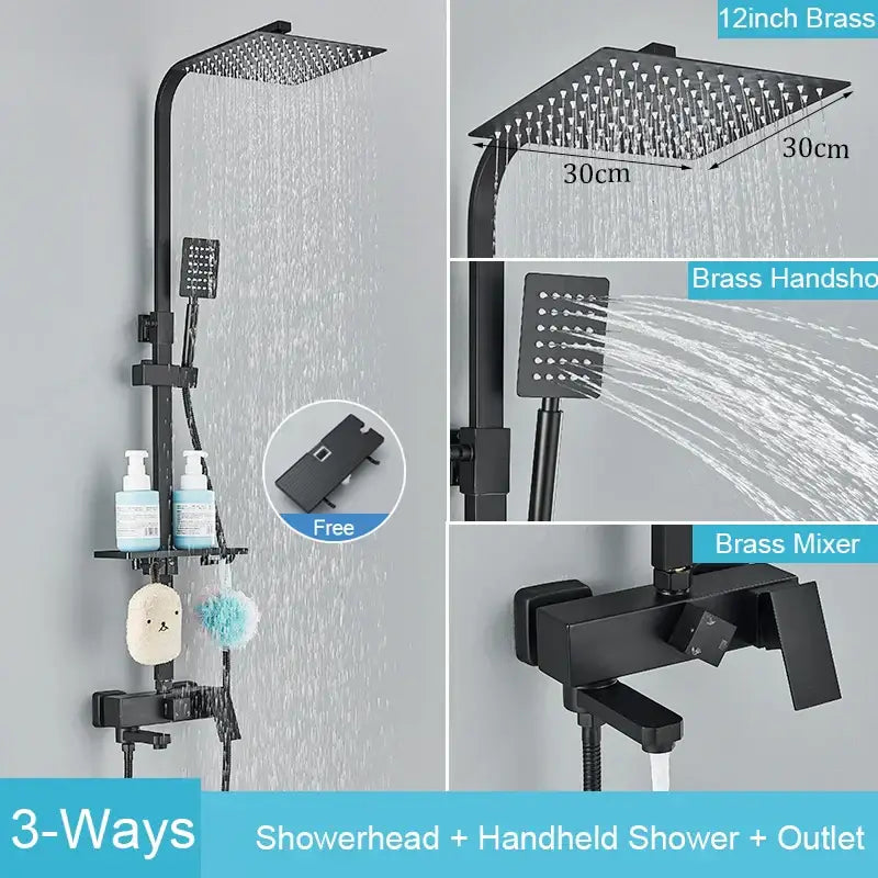 Matte black brass shower faucet set with shelf bathroom rainfall tap