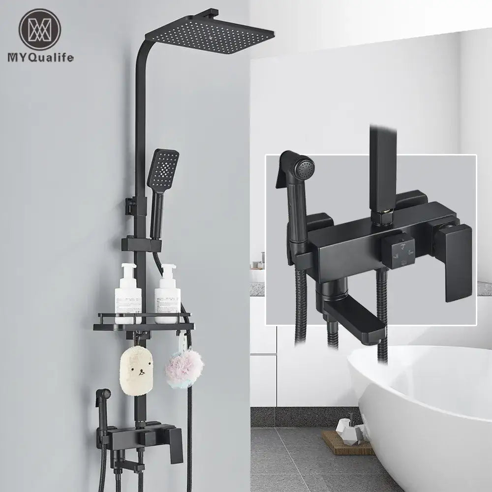 Matte black brass shower faucet set with shelf bathroom rainfall tap