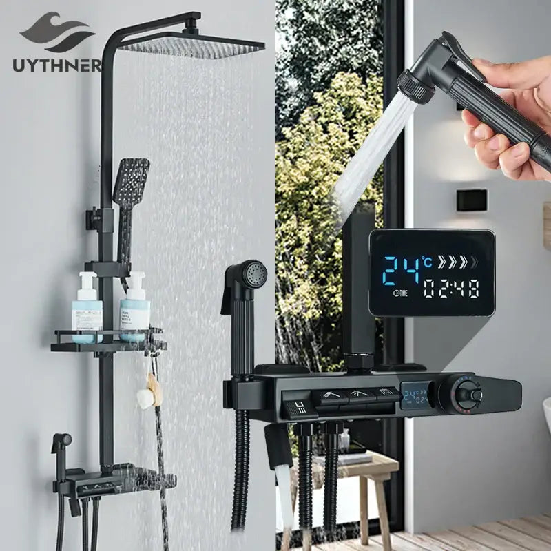 Matte black decorbites digital display shower faucet set bathroom