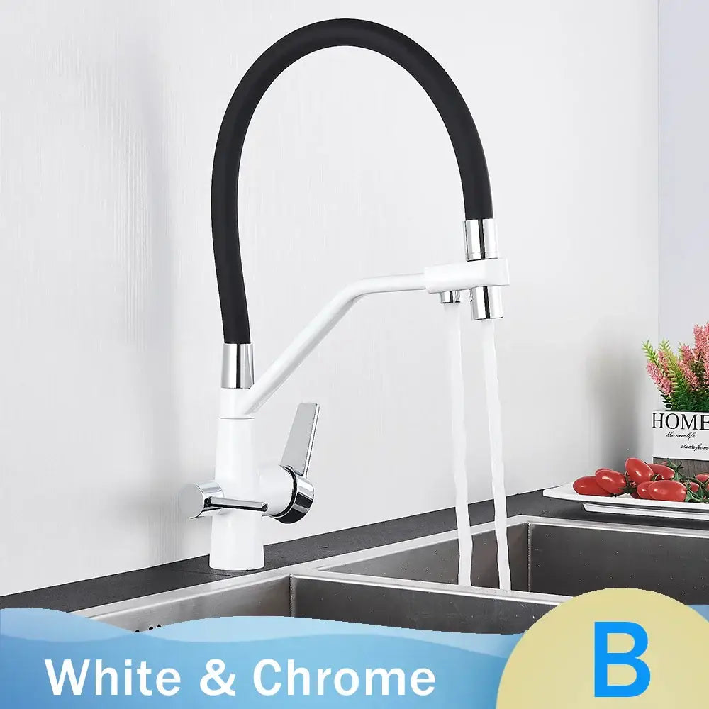 Matte black dual handle kitchen faucet with filtered water spout