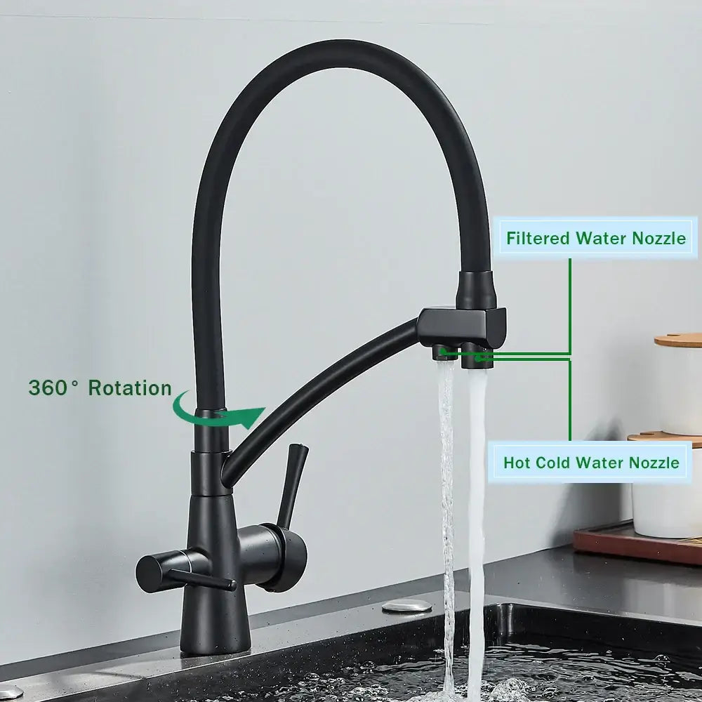 Matte black dual handle kitchen faucet with filtered water spout