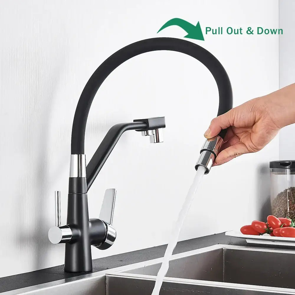 Matte black dual handle kitchen faucet with filtered water spout