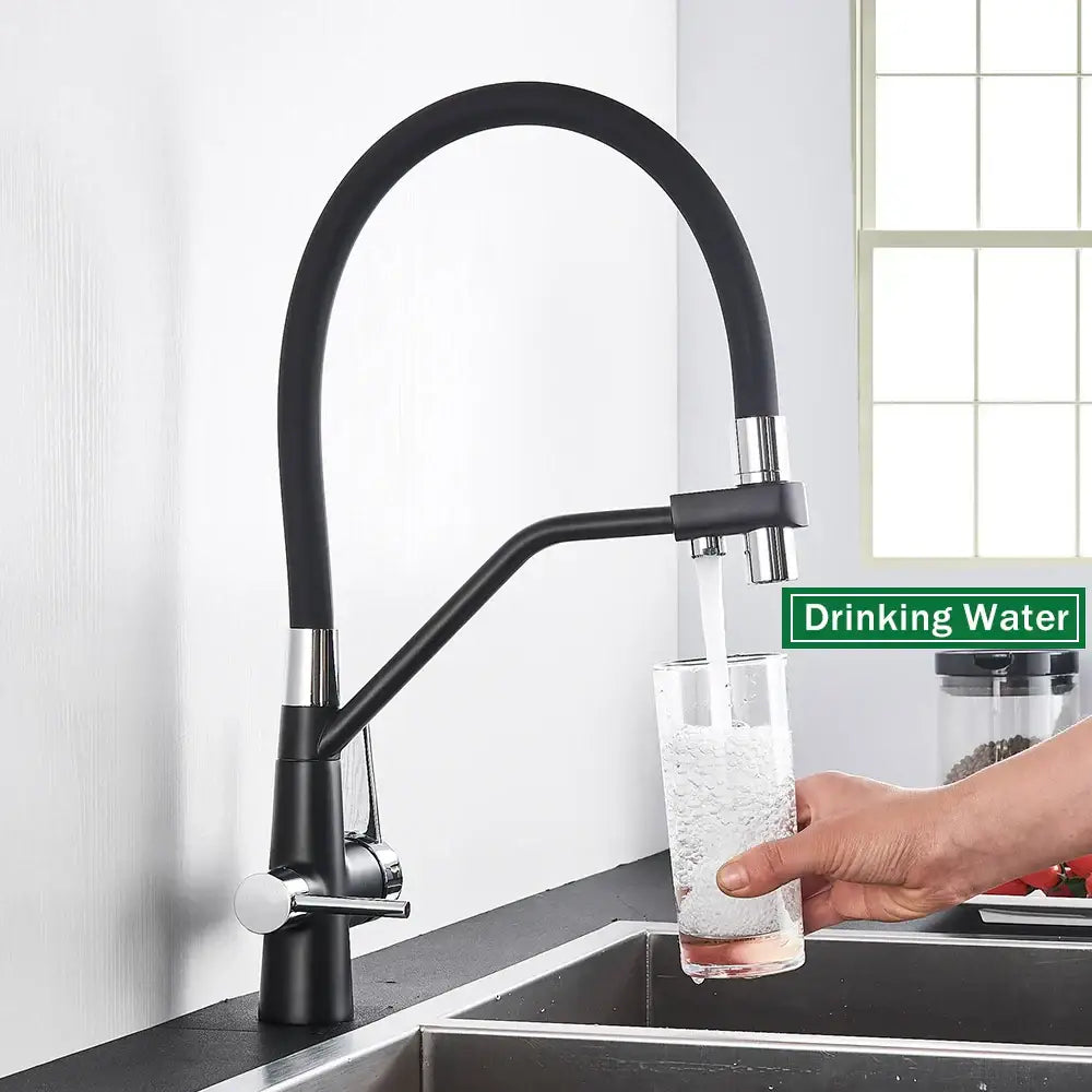 Matte black dual handle kitchen faucet with filtered water spout