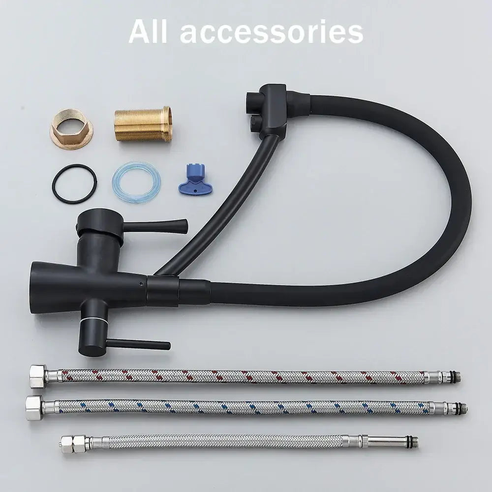 Matte black dual handle kitchen faucet with filtered water spout